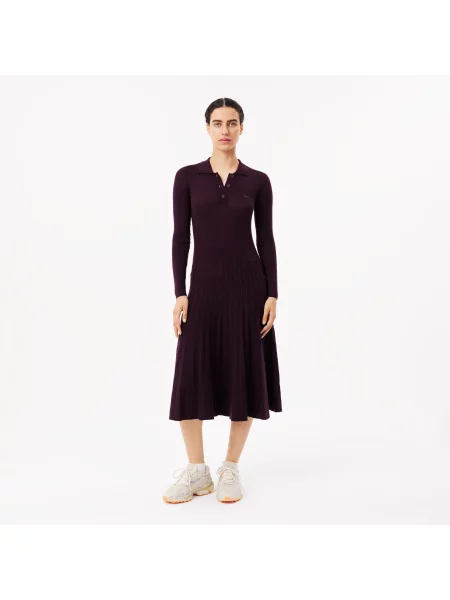 Lacoste Wełniana Sukienka Z Kołnierzykiem Polo Z Długim Rękawem Bordowa Bordowy