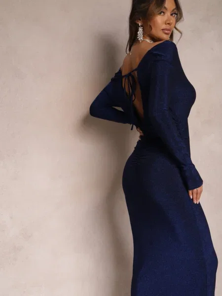 Rochie midi bleumarin strălucitoare cu spatele gol Nedastia