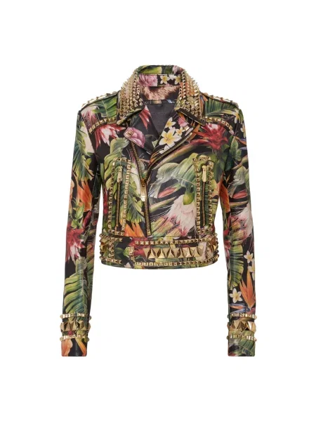 Wielobarwność kurtka skórzana Philipp Plein w kwiatki o krotszym kroju