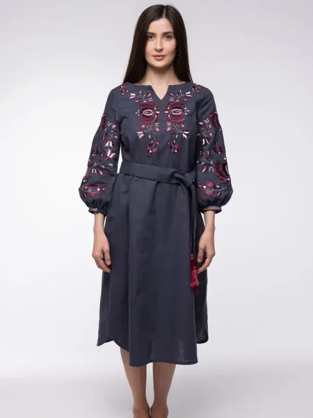 Лляна Вишита сукня Folk Moda темно-сірий сіра