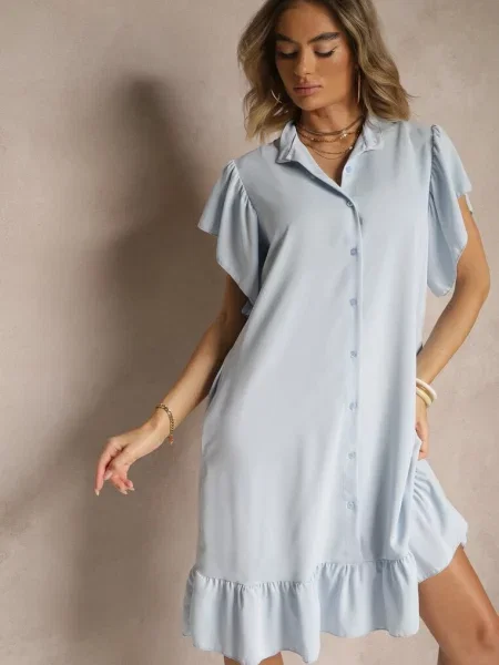 Jasnoniebieska Koszulowa Sukienka Ozdobiona Falbankami i Tenelora niebieska