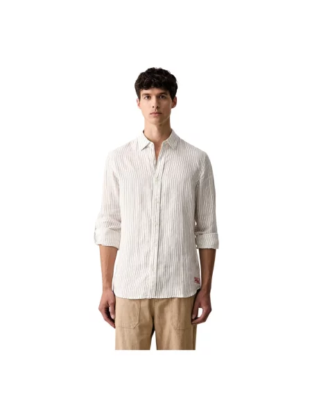 Lniana koszula Scotch & Soda w paski z paskiem biała