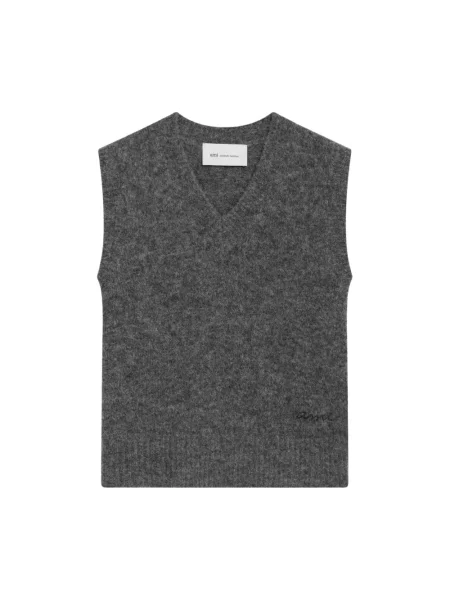 Sweter Ami Paris wełniany bez rękawów z logo szary