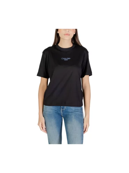 Krótka koszulka Calvin Klein Jeans z krótkim rękawem z okrągłym dekoltem czarna