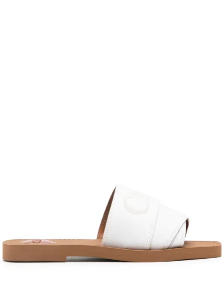 Papuci Chloé cu broderie alb