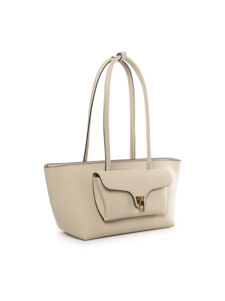 Coccinelle torebka shopper skórzana DOUBLE BEAT beżowa