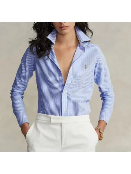 Koszula Lauren Ralph Lauren w paski z paskiem z długim rękawem niebieska