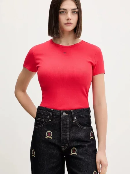 Tommy Jeans T-shirt basic γυναικείο με ελαστάν κόκκινο