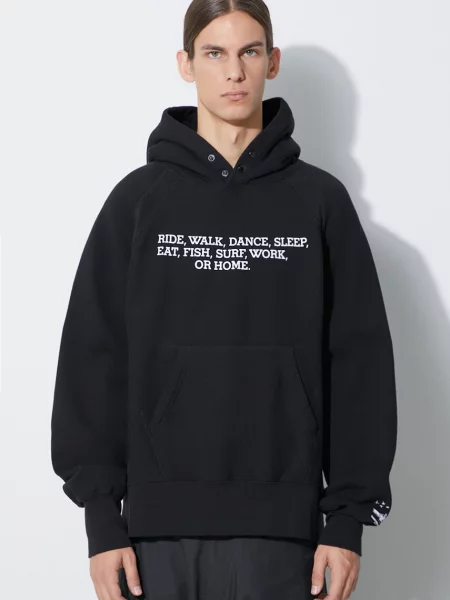 Engineered Garments hanorac de Raglan Hoodie bărbați cu glugă cu imprimeu negru