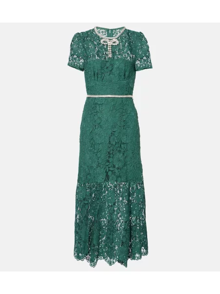 Sukienka midi Self-portrait z kokardką koronkowa do kolan zielona