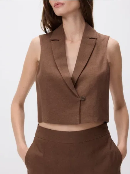 Reserved Короткий жилет з льоном темно коричневий