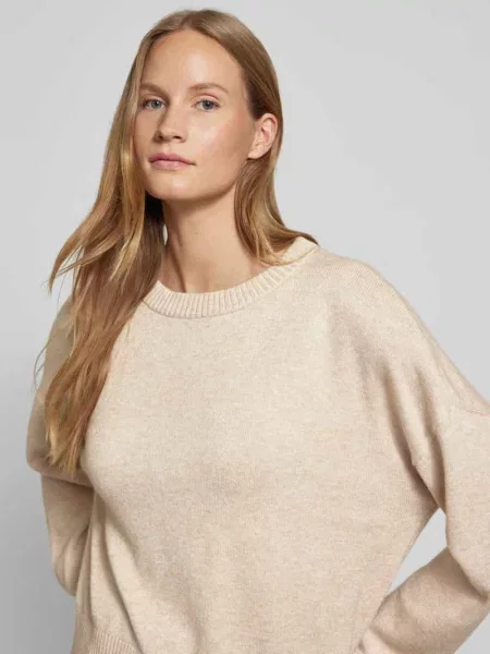 Sweter z dzianiny z mieszanki z obniżonymi ramionami Qs beżowy