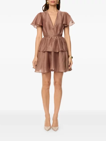 Rochie mini Post Meridiem cu volane de costum maro