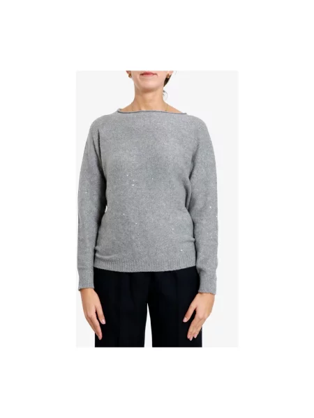 Sweter Gran Sasso z cekinami wełniany z dekoltem w łódkę szary