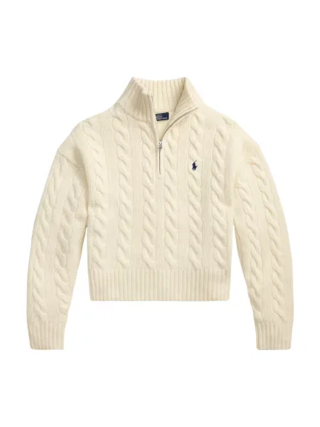 Kardigan Polo Ralph Lauren wełniany z logo z dekoltem w serek beżowy