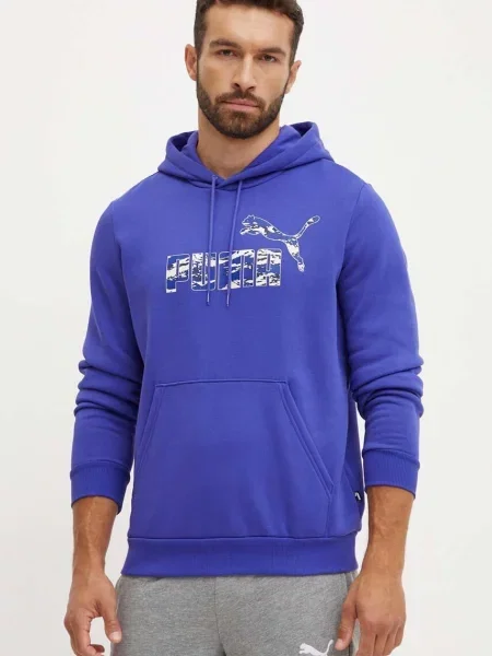 Суичър с качулка Puma с качулка с принт синьо