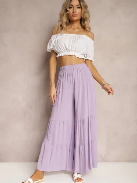 Spodnie z Szerokimi Nogawkami Palazzo z Falbankami i Gumką w Pasie Dimlin fioletowe