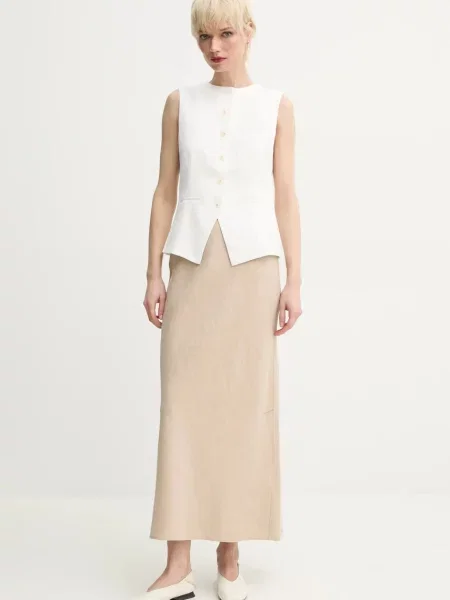 Samsoe Samsoe spódnica lniana SAAGNETA midi prosta beżowy