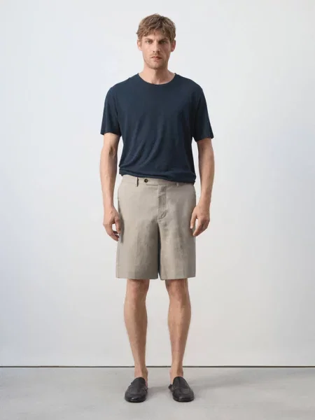 Koszulka slim fit z mieszanki lnu Mężczyzna S MANGO MAN granatowy