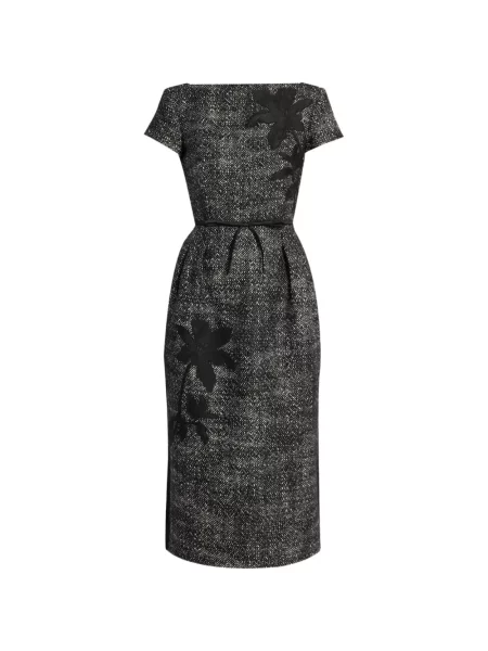 Bouclé rochie midi Erdem cu model floral gri