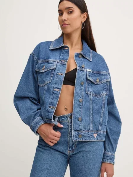 Traper jakna Guess Jeans za žene za prijelazno razdoblje oversize plava