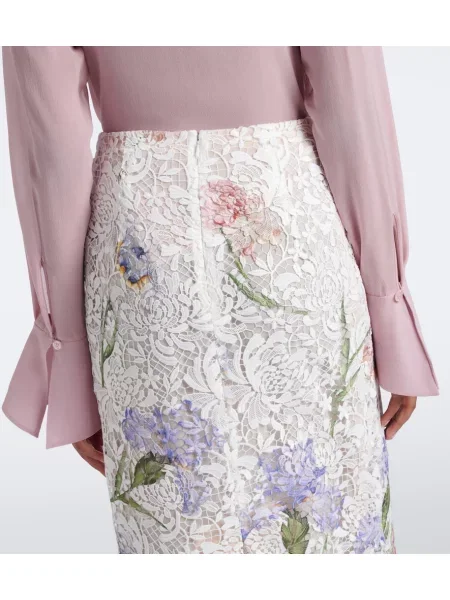 Fustă midi Oscar De La Renta cu model floral din dantelă alb