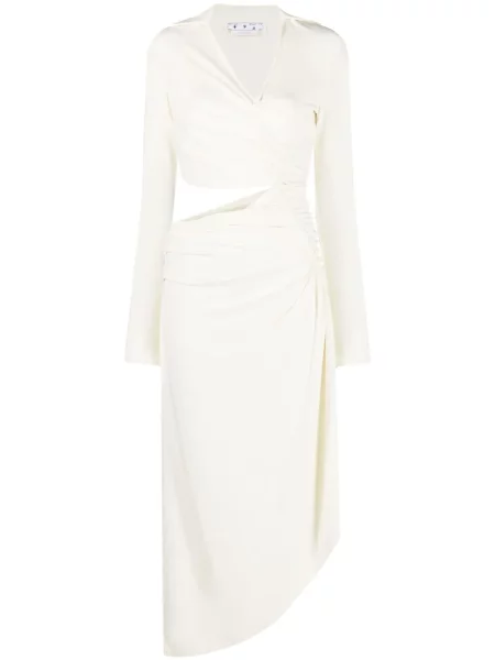 Rochie midi Off-white drapată din crep până la genunchi alb