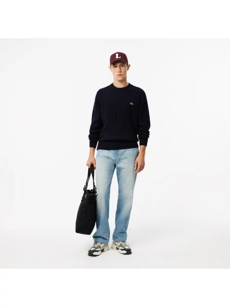 Lacoste Wełniany Sweter Warkoczowy Z Okrągłym Dekoltem granatowy
