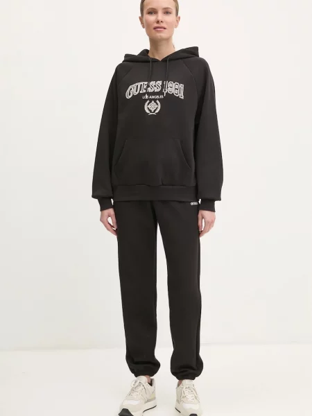 Guess bluza MARGARET czarny z kapturem z aplikacją brązowa