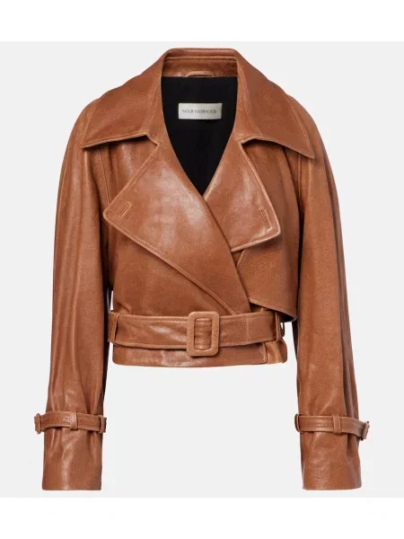 Kurtka skórzana Nour Hammour o krotszym kroju biker brązowa