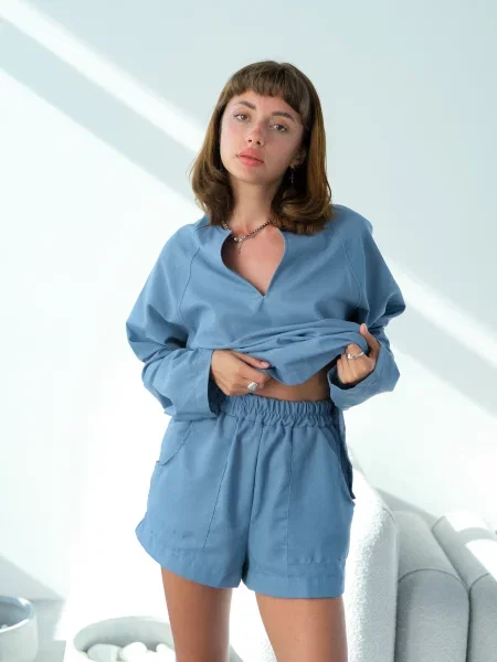 Шорти IJ блакитний льон/віскоза сині