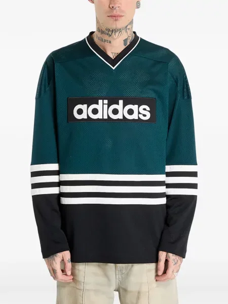 Pantaloni palazzo Adidas cu dungi cu decolteu în V negru