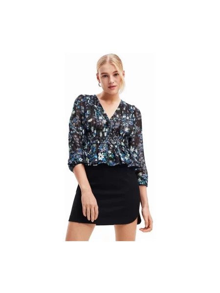 Desigual bluzka WOMAN WOVEN BLOUSE LONG SLEEVE w kwiaty granatowy