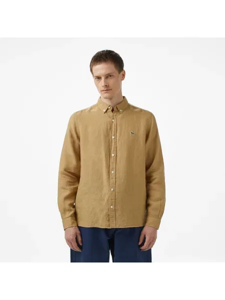 Lacoste Lniana Koszula Button-Down Regular Fit beżowa