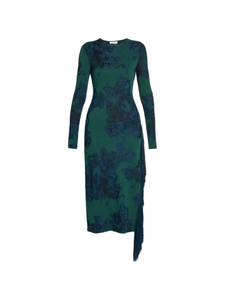Rochie midi Erdem cu franjuri cu model floral din jacard verde