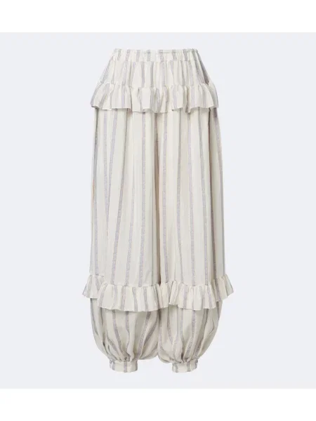 Pantaloni Chloé de mătase cu dungi cu volane alb