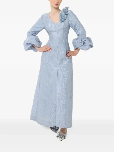 Rochie maxi Baruni cu model floral în linie A albastru