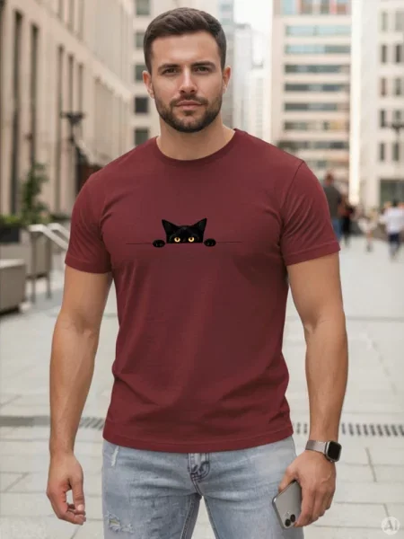 T-shirt z motywem kota bordowy Dstreet