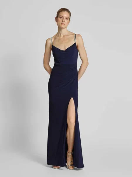 Sukienka wieczorowa z obszyciem ozdobnymi kamieniami Luxuar Fashion granatowa