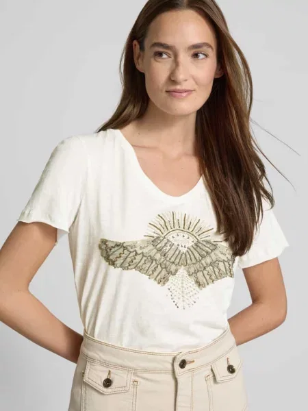 T-shirt z prążkowanym dekoltem w serek model ‘Nadine’ Mos Mosh biała