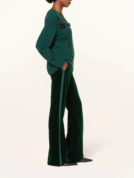 Max Mara Studio Sametové Marlene Kalhoty Oscuri S Galonovými Pruhy tmavě zelená