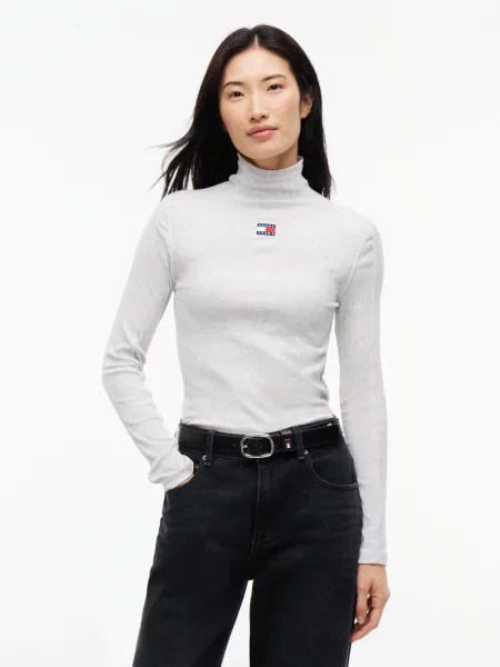 Bluză Tommy Jeans cu guler înalt gri