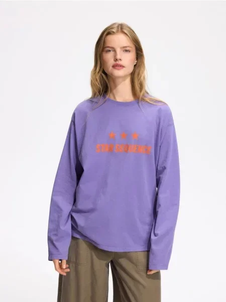 Reserved Tricou din cu mânecă lungă și imprimeu violet-prună violet