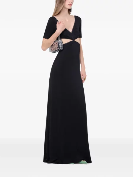 Lung rochie Rabanne cu broderie cu model floral negru
