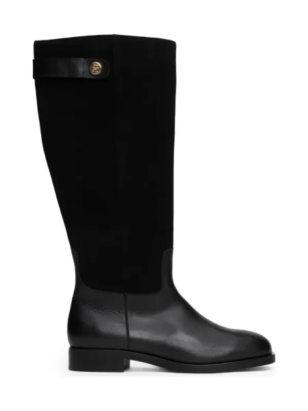 Tommy Hilfiger bőr csizma TH STUD LEATHER MIX LONG BOOT női lapos talpú fekete