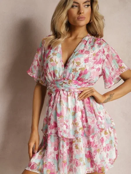 Rochie Talia Imprimeu Floral Captuseala Tricot Talia Volane Zonelia roz