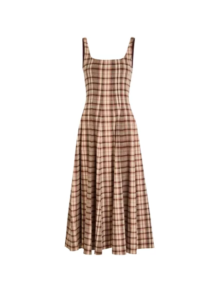 Rochie midi Staud fără mâneci în carouri maro