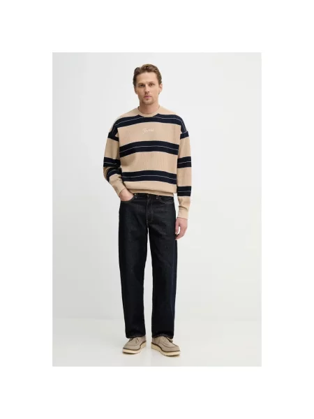 Sweter Guess w paski z paskiem brązowy