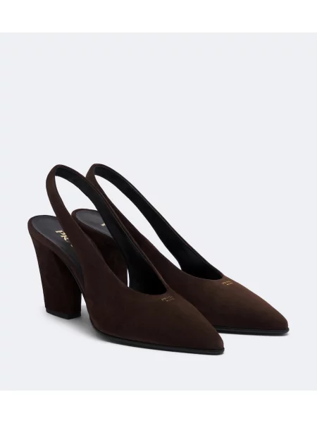 Pantofi cu toc Prada din piele de căprioară slingback maro