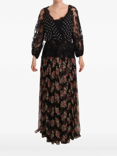 Rochie maxi Dolce & Gabbana cu model floral cu imagine din dantelă negru